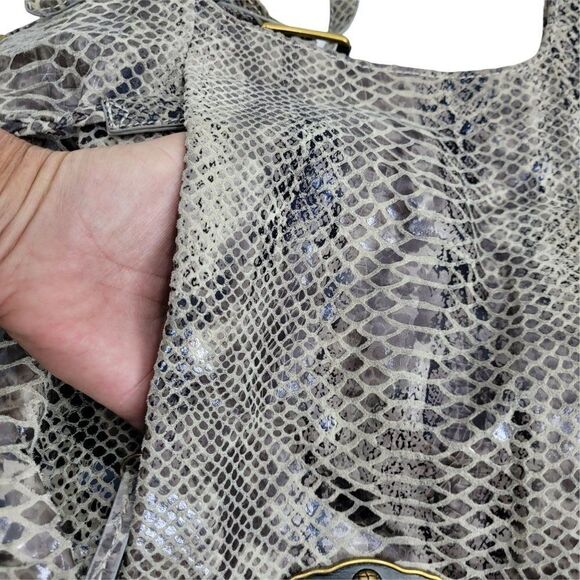 Elliott Lucca Leather Gray Cream Snakeskin Large Hobo Shoulder Bag Tassel Detail - Picture 3 of 14